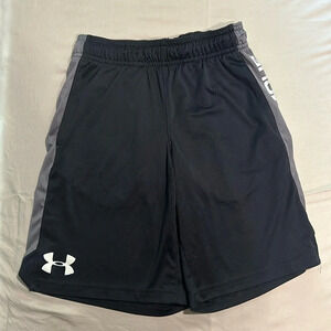 Under Armour Boys Black w Grey Logo Stripe Tie Waist Athletic Shorts Youth Small